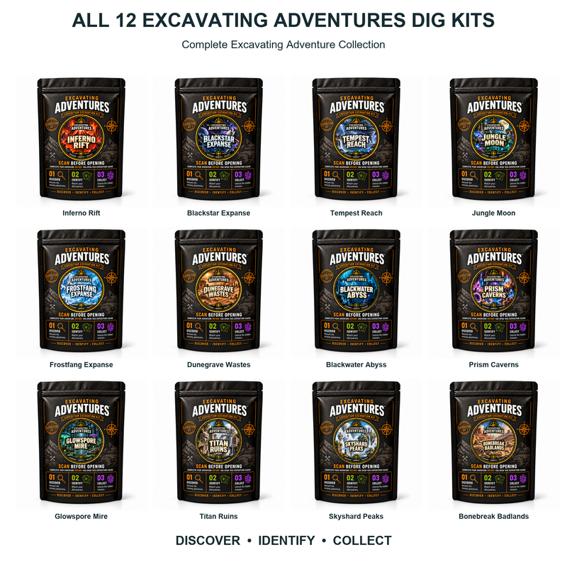Complete Excavating Adventure Collection - All 12 Excavating Adventures Dig Kits (Best Deal!) - current Dig Kit pouch collection