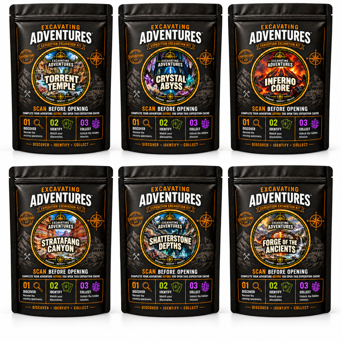 All six Excavating Adventures kit pouches, packaging mockup