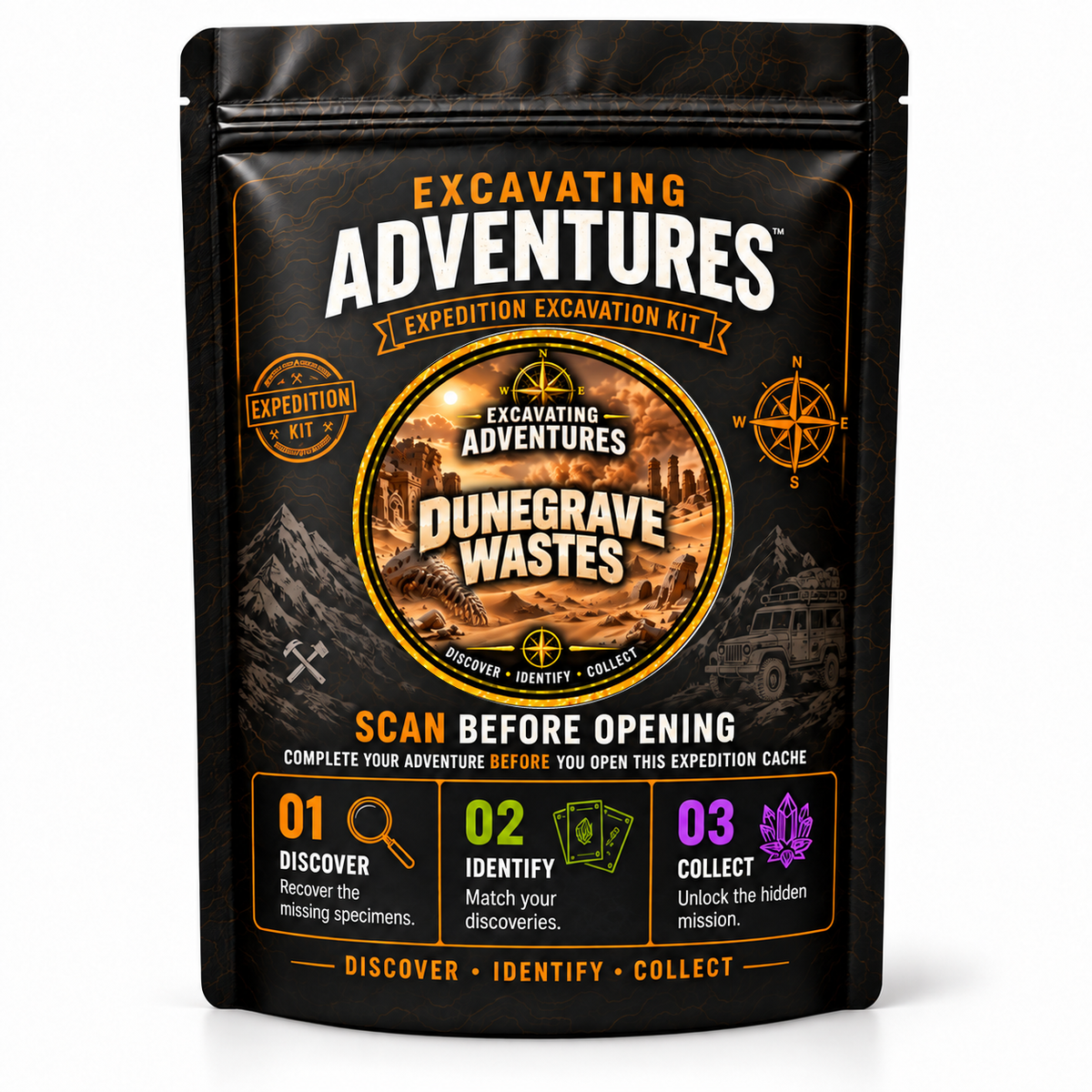 Dunegrave Wastes - Excavating Adventures Dig Kit in its black-and-gold expedition pouch