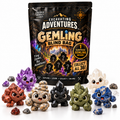 Concept illustration of Gemling Blind Bag packaging and example character designs. Single option includes one randomly selected figure; exact sculpts and colors vary.