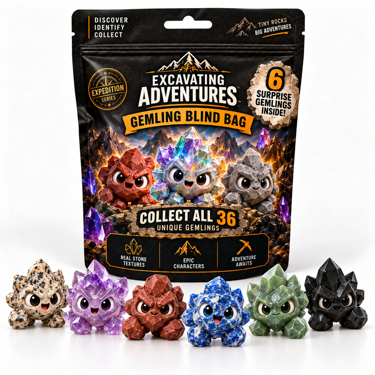 Concept illustration for a six-Gemling Blind Bag. Six figures are included; pictured character designs and colors are examples, not guaranteed models.