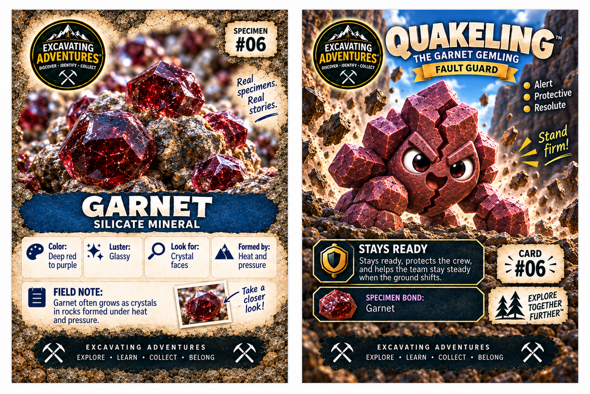 Example Garnet and Quakeling specimen and character card artwork. Nine randomized specimen cards per pack.