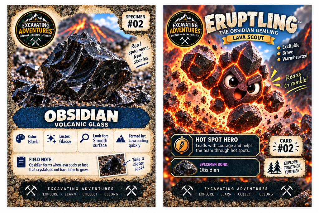 Example Obsidian and Eruptling specimen and character card artwork. Nine randomized specimen cards per pack.