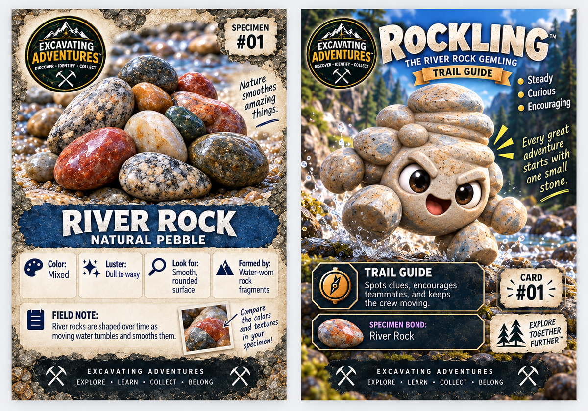 Example River Rock and Rockling specimen and character card artwork. Nine randomized specimen cards per pack.