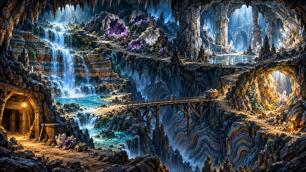 The Shimmering Caverns, a science adventure filled with waterfalls and crystals