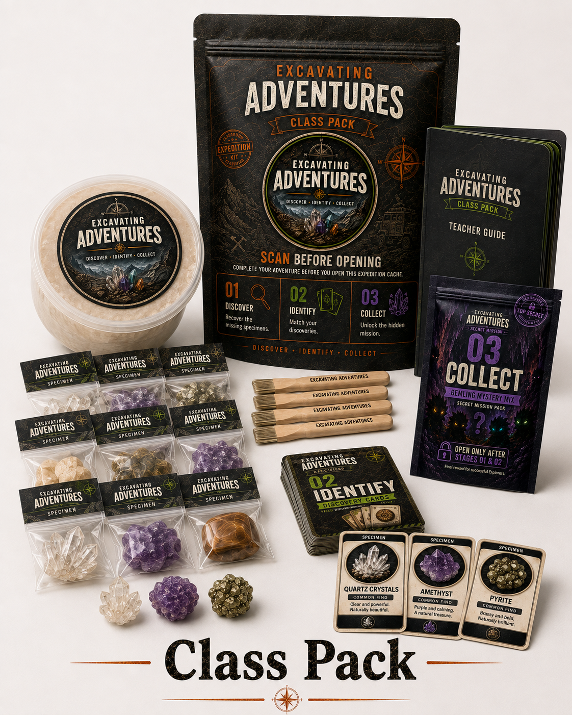 Excavating Adventures Class Pack with labeled dig container, specimens, dig tools, Discovery Cards, Gemling, and teacher packet