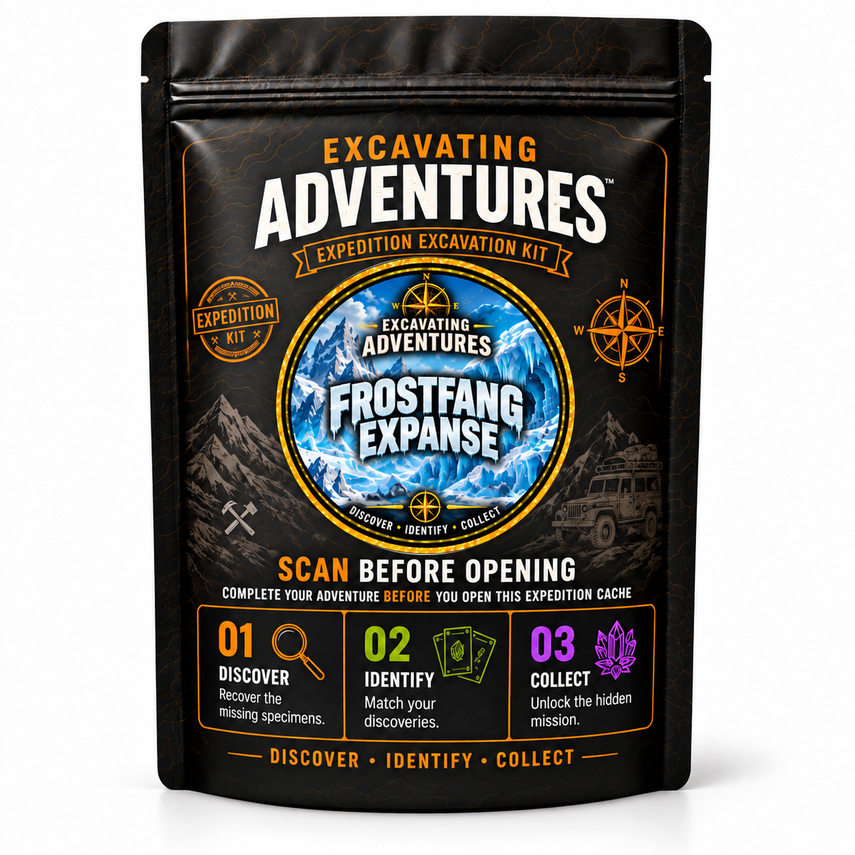 Frostfang Expanse - Excavating Adventures Dig Kit in its black-and-gold expedition pouch