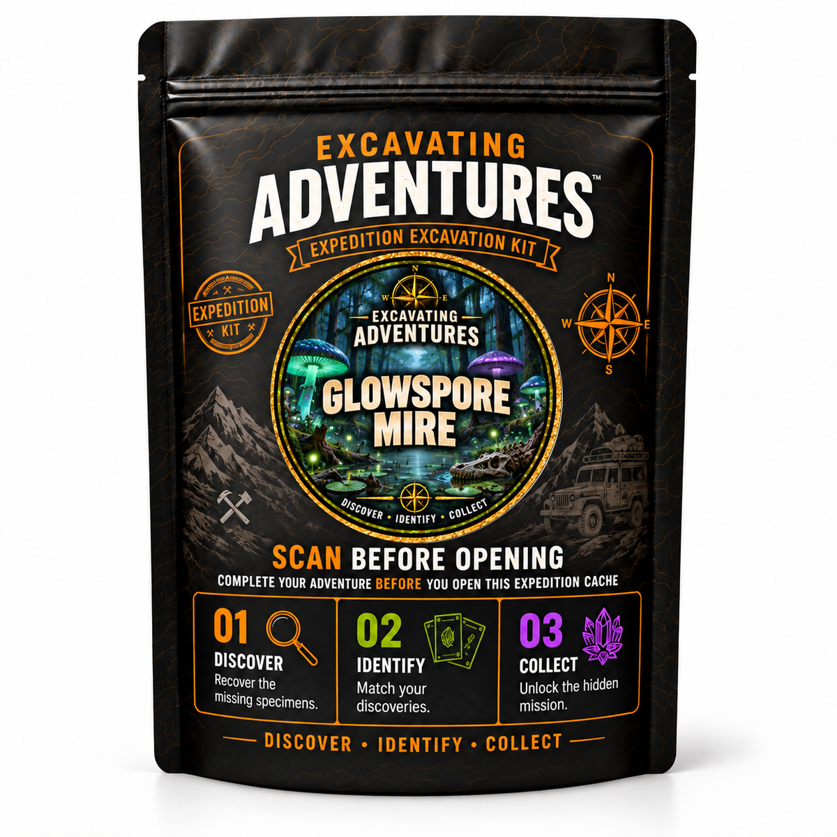 Glowspore Mire - Excavating Adventures Dig Kit in its black-and-gold expedition pouch