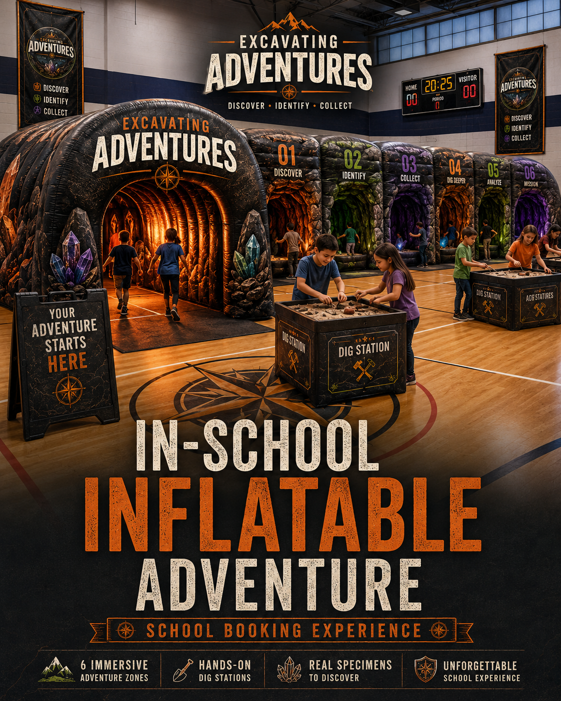 Excavating Adventures in-school inflatable geology experience with adventure tunnel and hands-on dig stations