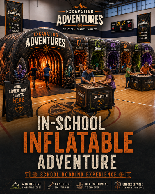 Excavating Adventures in-school inflatable geology experience with adventure tunnel and hands-on dig stations