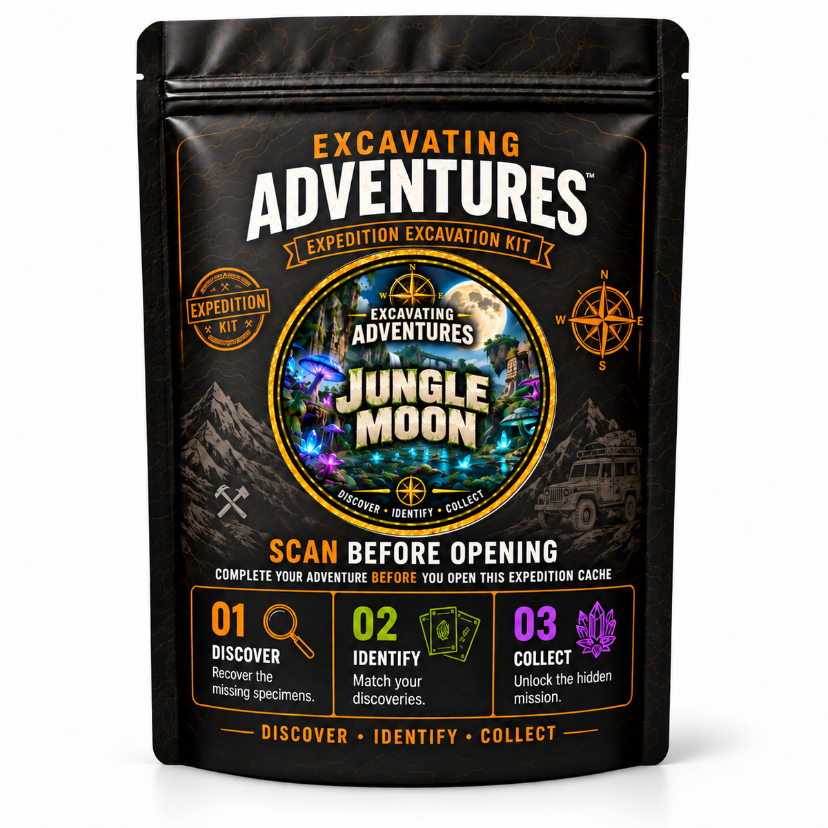 Jungle Moon - Excavating Adventures Dig Kit in its black-and-gold expedition pouch