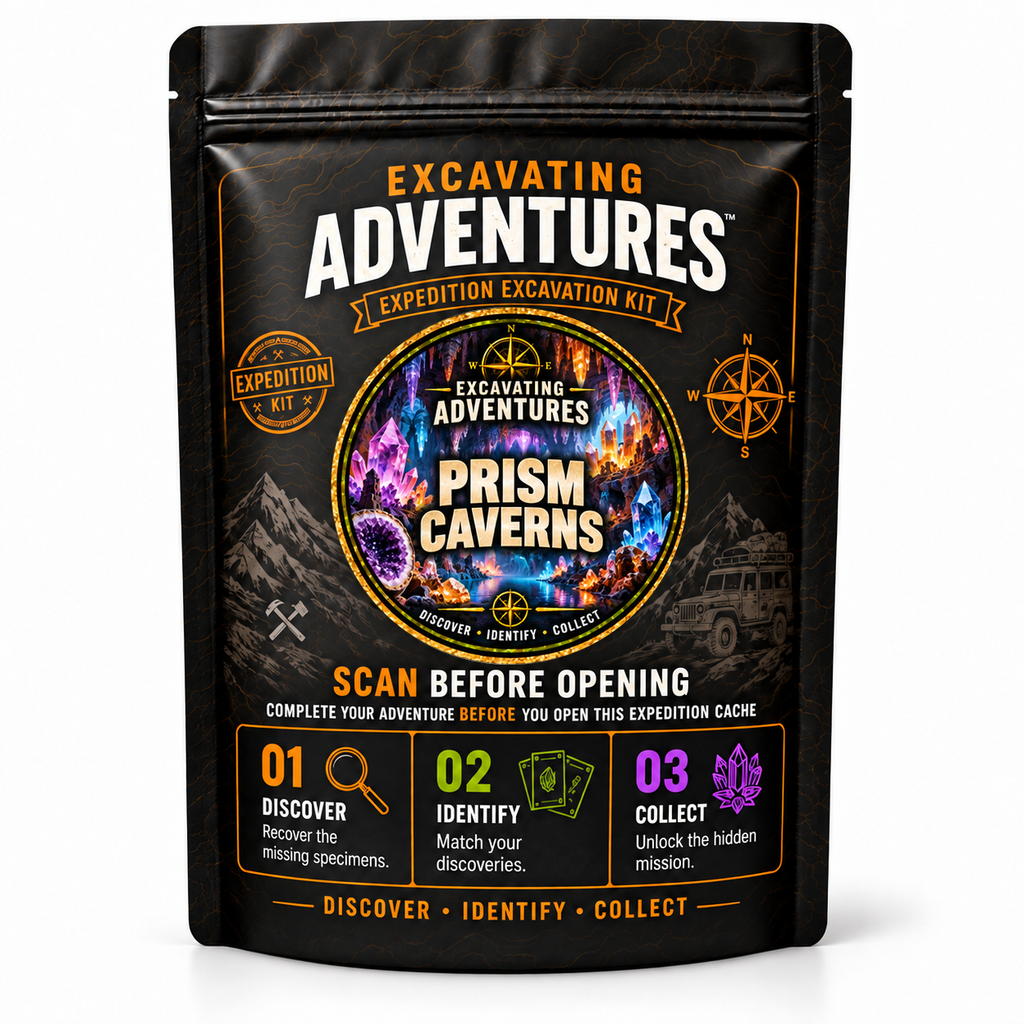 Prism Caverns - Excavating Adventures Dig Kit in its black-and-gold expedition pouch