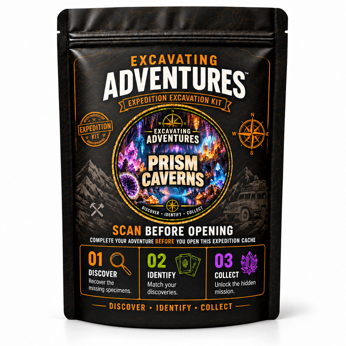Prism Caverns - Excavating Adventures Dig Kit in its black-and-gold expedition pouch