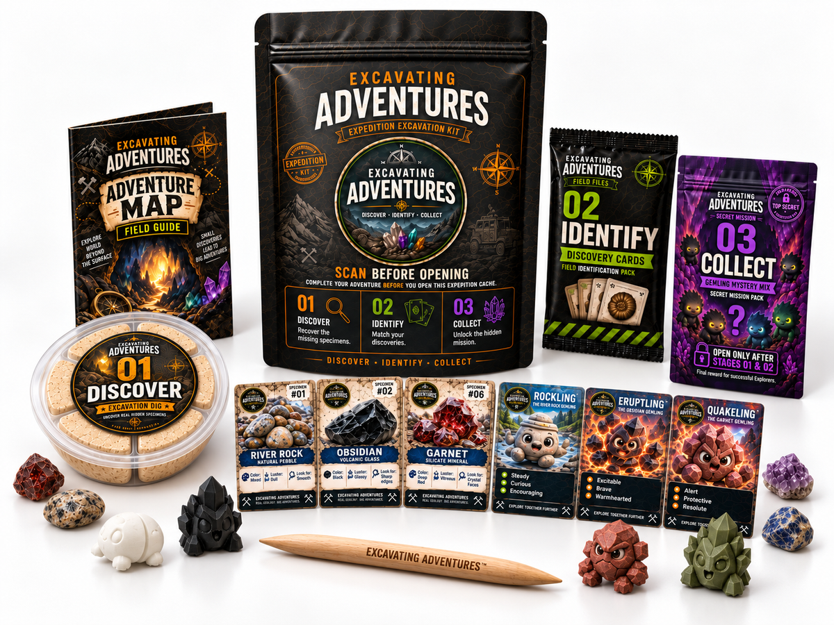 Rocks & Minerals Excavation Adventure Kit with pouch, dig container, field guide, cards, Gemlings, specimens, and wooden digging tool on a white background.