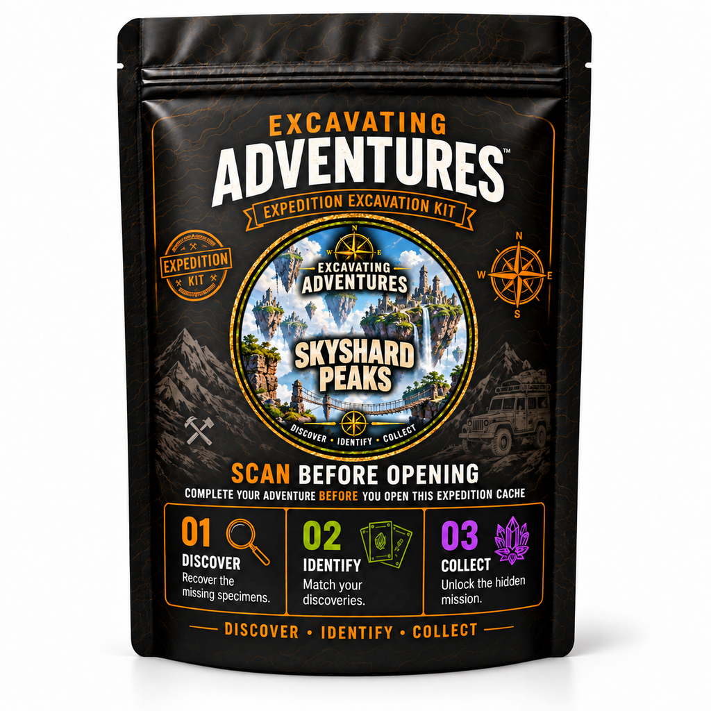 Skyshard Peaks - Excavating Adventures Dig Kit in its black-and-gold expedition pouch