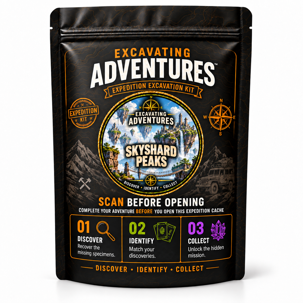 Skyshard Peaks - Excavating Adventures Dig Kit in its black-and-gold expedition pouch