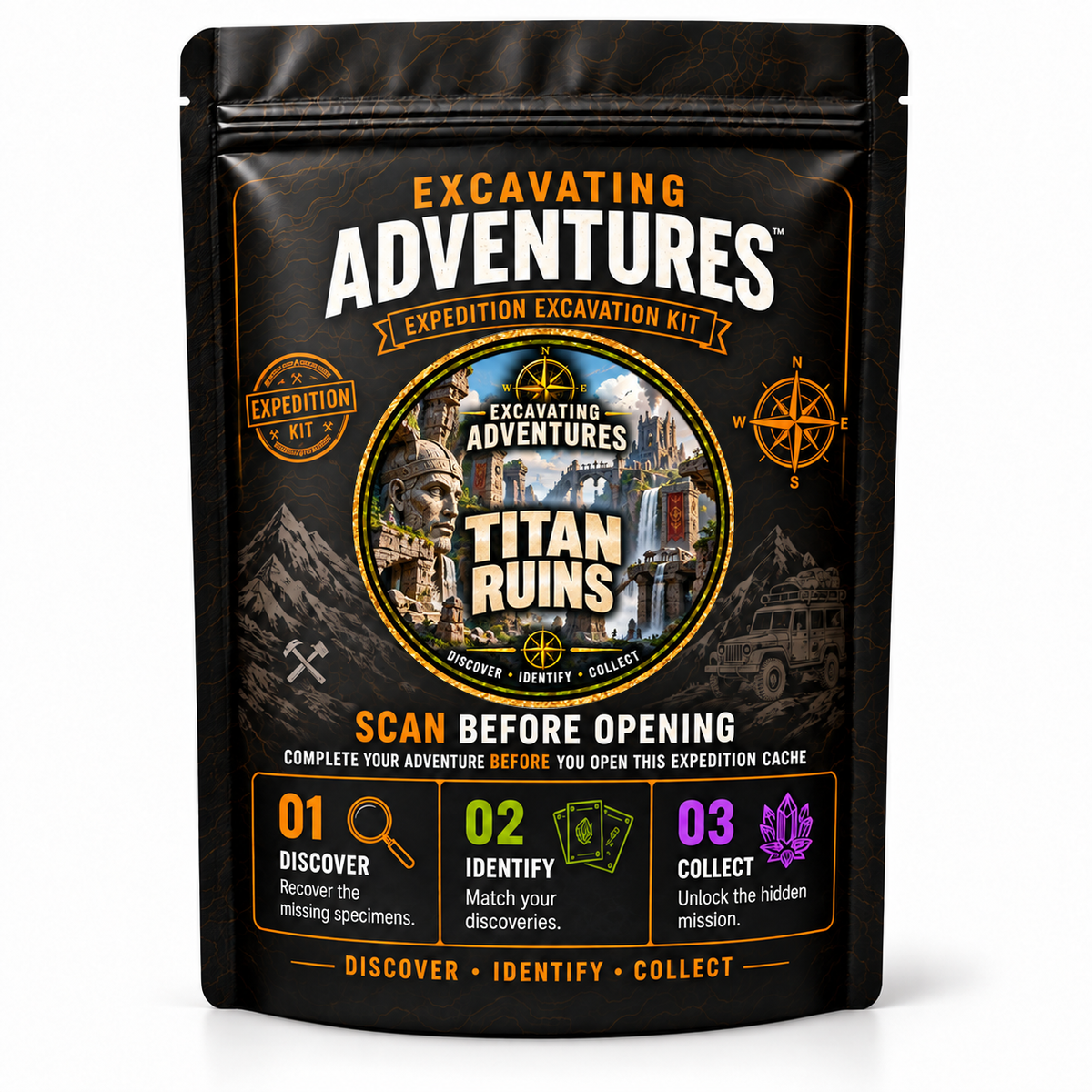 Titan Ruins - Excavating Adventures Dig Kit in its black-and-gold expedition pouch