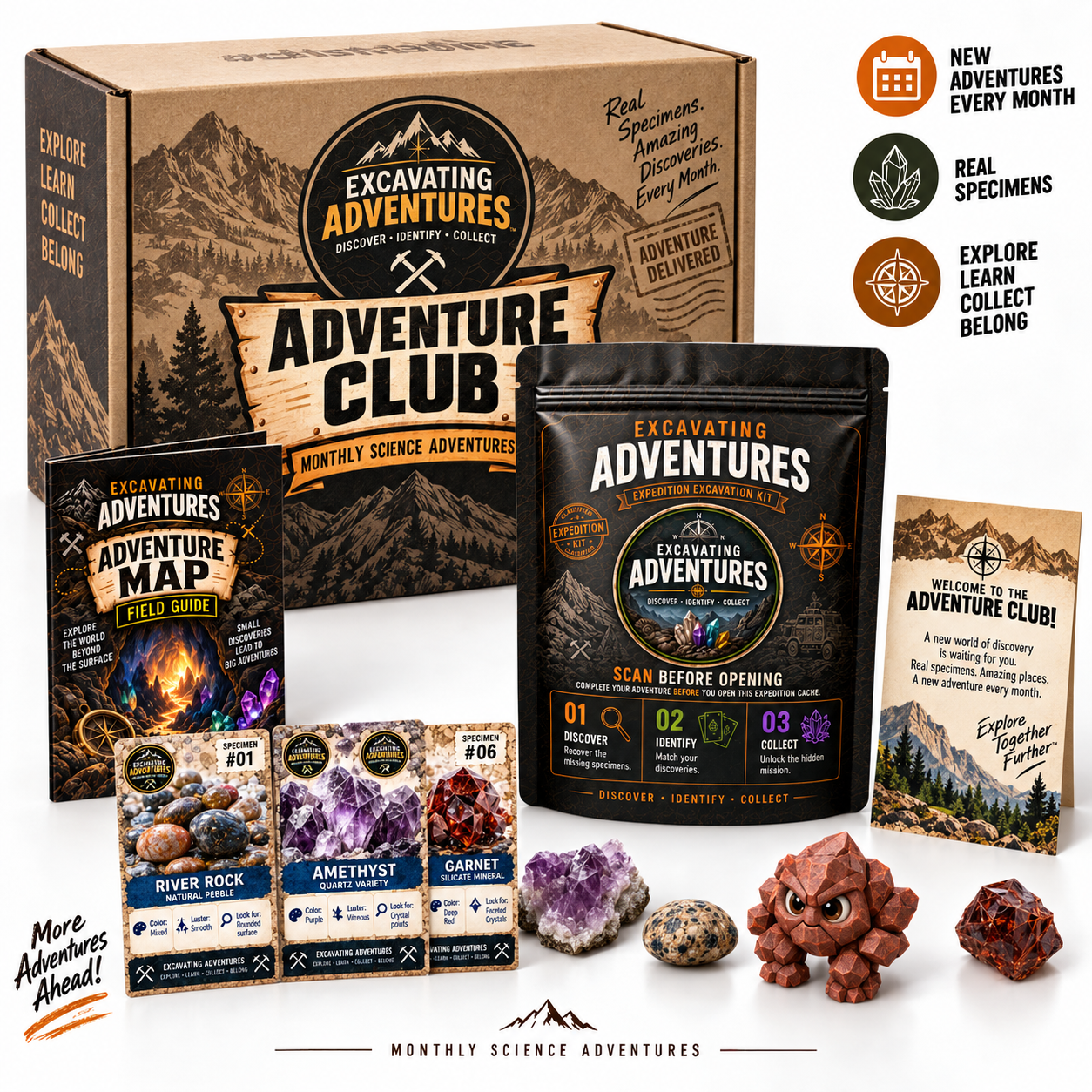 Adventure Club promotional concept with illustrative packaging and character.